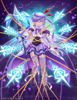 1girl 90kyuuri black_shoes copyright_notice grey_hair highres holding holding_polearm holding_weapon long_hair official_art polearm purple_skirt shirt shoes skirt smile solo spear thighhighs ulith_(wixoss) weapon white_shirt white_thighhighs wixoss yellow_eyes