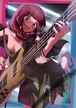 ahoge bass_guitar bocchi_the_rock! braid breasts dress fang geta highres hiroi_kikuri instrument kootee-on long_hair off_shoulder open_mouth purple_hair sanpaku small_breasts smile