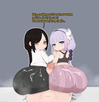1boy 2girls age_difference ass black_hair blue_eyes braid braided_ponytail chainsaw_man clothed_female_nude_male clothed_sex cum cum_on_body cum_on_clothes cum_on_lower_body english_text expressionless ffm_threesome forbidden_pants group_sex highres huge_ass huge_penis kanna_kamui kobayashi-san_chi_no_maidragon kyojiri_loli loli looking_at_viewer looking_back lying multiple_girls nayuta_(chainsaw_man) nude penis ponytail pov purple_hair size_difference spitroast threesome ttt_artia yellow_eyes