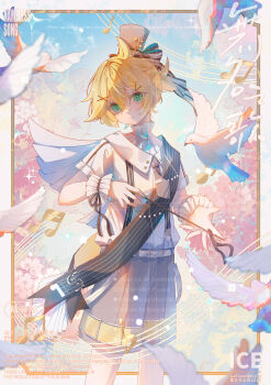 1boy absurdres androgynous bird black_ribbon black_shorts blonde_hair bow collar conductor_baton crossed_bangs dove english_text feet_out_of_frame floating_clothes frilled_collar frilled_wrist_cuffs frills green_eyes hat hat_bow high_collar highres kagamine_len light_blush male_focus mini_hat mini_top_hat ponytail ribbon sheet_music short_ponytail short_sleeves shorts smile solo striped_bow striped_suspenders suspenders top_hat user_nspp4433 vocaloid wrist_cuffs