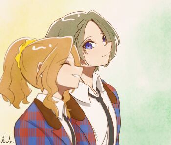 2girls ^_^ absurdres arms_at_sides artist_name black_necktie blue_jacket blurry blurry_foreground braid braided_bangs brown_hair closed_eyes closed_mouth collared_shirt commentary_request from_side gradient_background green_background green_hair grin hair_ornament hair_scrunchie highres honami_hisame jacket kaedeineve looking_at_another looking_to_the_side medium_hair minase_suzu multiple_girls necktie open_clothes open_jacket parted_bangs parted_lips plaid_clothes plaid_jacket profile purple_eyes school_uniform scrunchie seiran_general_art_institute_school_uniform shirt short_hair shoujo_kageki_revue_starlight side-by-side sidelocks sideways_glance single_braid smile two-tone_background upper_body white_shirt yellow_background yellow_scrunchie