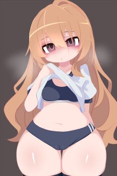 1girl aisaka_taiga black_background black_buruma black_sports_bra black_thighhighs blush breasts breath brown_eyes brown_hair buruma cameltoe clothes_lift collarbone gym_uniform kukuchi581 loli long_hair looking_at_viewer navel puffy_sleeves shirt shirt_lift short_sleeves small_breasts sports_bra standing thick_thighs thighhighs thighs toradora! white_shirt wide_hips