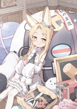1girl absurdres analog_clock animal_ear_fluff animal_ears ball bird birthday blonde_hair blue_archive blush bottle bow box breasts buttons clock closed_mouth commentary_request cross_halo detached_sleeves double-breasted dress floral_print forehead fox_ears fox_girl gift hair_ornament halo haniwa_(statue) happy_birthday highres holding indoors kyouwashi long-tailed_tit long_hair long_sleeves looking_at_viewer painting_(object) pantyhose perfume_bottle ribbon roman_numeral seia_(blue_archive) sitting sleeves_past_wrists small_breasts smile solo striped_clothes striped_thighhighs stuffed_toy thighhighs tit_(bird) unworn_clothes vertical-striped_clothes vertical-striped_thighhighs white_bow white_dress white_pantyhose white_thighhighs window wooden_floor yellow_bow yellow_eyes yellow_halo