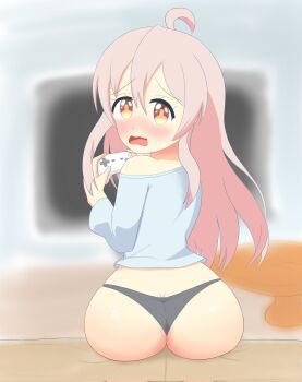 1girl antenna_hair ass ass_focus black_panties blue_shirt blush controller cowboy_shot embarrassed eyebrows eyelashes female_focus from_behind genderswap genderswap_(mtf) highres holding holding_controller horuhe huge_ass indoors kyojiri_loli loli long_hair long_sleeves nose_blush off-shoulder_shirt off_shoulder onii-chan_wa_oshimai! open_mouth orange_eyes oyama_mahiro panties pink_hair shirt sitting solo underwear wavy_mouth