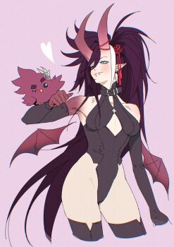 animal_on_arm banzoin_hakka bare_shoulders beak bird breasts clothing_cutout collar colored_skin demon_girl demon_horns demon_wings detached_sleeves earrings face_piercing fishnets genderswap genderswap_(mtf) hair_between_eyes hair_ornament hakkito_(banzoin_hakka) halftone highleg highleg_leotard highres holostars holostars_english horns jewelry labret_piercing leotard lip_piercing long_hair medium_breasts multicolored_skin one_eye_closed piercing pink_background pointy_ears ponytail purple_hair screetuber thighhighs virtual_youtuber wings