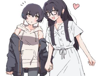 2girls black-framed_eyewear black_hair black_jacket blush brown_eyes chang_chin-lan chang_chin-lan's_sister commentary_request drawstring dress earrings glasses heart holding_hands hood hoodie jacket jewelry kamiina_botan_yoeru_sugata_wa_yuri_no_hana multiple_girls notice_lines open_mouth parted_lips short_hair siblings simple_background sisters sleeveless sleeveless_hoodie smile sweatdrop white_background white_dress white_hoodie xoo_(x)