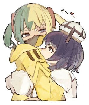 2girls arrow_(symbol) blonde_hair canari_(pokemon) chamopichamo commentary_request cropped_torso from_side grey_eyes grey_hair gwynn_(pokemon) hat heart highres hug long_sleeves looking_at_another mask mouth_mask multicolored_hair multiple_girls nintendo pokemon pokemon_legends:_z-a purple_hair short_hair simple_background split-color_hair twintails two-tone_hair white_background yuri