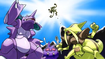 claws commentary_request donnpati from_below gen_1_pokemon holding holding_spoon kadabra looking_up mankey nidoking nintendo open_mouth outdoors pokemon pokemon_(creature) sharp_teeth spoon teeth tongue venonat