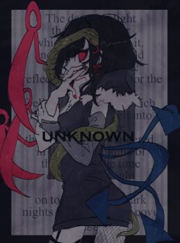 1girl asymmetrical_wings black_dress black_hair blue_wings commentary_request cowboy_shot detached_sleeves dress english_text engrish_text fingernails fishnet_pantyhose fishnets grey_background grey_sleeves houjuu_nue looking_at_viewer looking_to_the_side pantyhose profile ranguage red_eyes red_nails red_wings shinjitsu_no_kuchi short_dress short_hair snake solo touhou wings