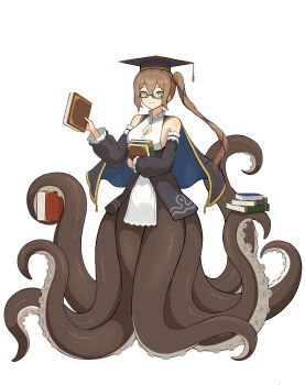 Rule 34 | 1girl, absurdres, arm across waist, book, breasts, brown hair, cleavage, cleavage cutout, clothing cutout, commentary request, detached sleeves, dress, full body, glasses, green eyes, hat, hat tassel, highres, holding, holding book, large breasts, long hair, looking at viewer, monster girl, mortarboard, original, ponytail, scallop (weda7333), scylla, side ponytail, sidelocks, simple background, tabard, tentacles, white background