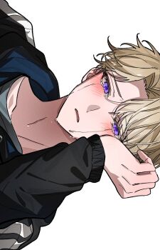 Rule 34 | 1boy, black jacket, blonde hair, blush, commentary, crying, eichi turnr, ensemble stars!, hand on own head, hand up, highres, jacket, long sleeves, male focus, narukami arashi, open mouth, purple eyes, sad, short hair, sideways, simple background, solo, streaming tears, tears, white background