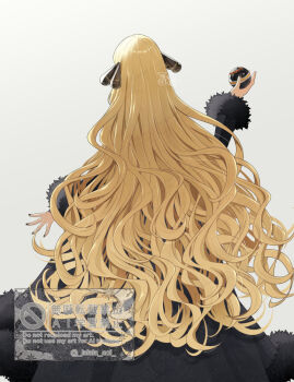 1girl back black_dress blonde_hair cynthia_(pokemon) dress hair_ornament holding long_hair luxury_ball nintendo poke_ball pokemon pokemon_dppt sakaralalala simple_background solo watermark