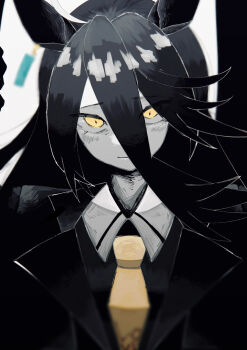 1girl animal_ears black_coat black_shirt blush coat collared_shirt commentary contrast_collar ear_ornament ear_tag earrings hair_between_eyes highres horse_ears horse_girl jewelry long_braid long_hair_between_eyes manhattan_cafe_(creeping_black)_(umamusume) manhattan_cafe_(umamusume) mokkedon necktie shirt single_earring solo yellow_eyes yellow_necktie