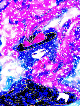 1girl abstract analogous_colors blue_theme bow closed_mouth commentary_request full_body half-closed_eyes hat hat_bow hat_ribbon highres looking_at_viewer medium_hair nagae_iku pink_theme ribbon shirt sitting skirt smile touhou wordword