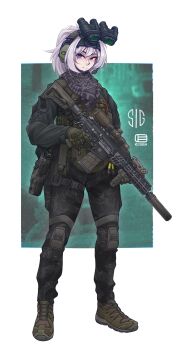 1girl battle_rifle black_pants blue_eyes brown_shoes bulletproof_vest camouflage camouflage_pants closed_mouth commentary commission ear_protection full_body gloves green_gloves gun handgun highres holding holding_gun holding_weapon holstered keffiyeh laser_sight long_hair microphone night_vision_device original pants rifle russian_commentary scope shoes sig_mcx sig_sauer solo standing suppressor tactical_clothes trigger_discipline weapon white_hair zap-nik