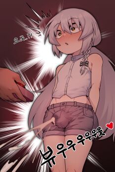 1boy ^^^ androgynous arms_behind_back bad_id bad_twitter_id bare_shoulders blush bow braid bulge buttons controller cum cum_in_clothes cum_through_clothes ejaculation gradient_background hair_bow handsfree_ejaculation heart highres in_(ain) korean_commentary korean_text male_focus midriff navel open_mouth penis red_background shiny_skin shirt shorts simple_background sleeveless small_penis tongkkangi tongkkangi_(streamer) translation_request trap twitching virtual_youtuber white_hair white_shirt yellow_eyes