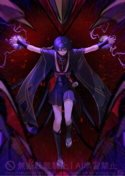 Rule 34 | 1boy, 49ibo240, armor, artist name, black bodysuit, black kimono, black shorts, black sleeves, blunt ends, blurry, bodysuit, commentary request, curled fingers, depth of field, fingernails, full body, furisode, genshin impact, gold, gold trim, highres, japanese armor, japanese clothes, jewelry, juban, kimono, korean commentary, kote, kurokote, layered shorts, layered sleeves, looking at viewer, male focus, mecha, mitsudomoe (shape), neck ring, o-ring, open clothes, open kimono, outstretched arms, purple electricity, purple eyes, purple sash, purple shorts, purple sleeves, red background, red kimono, red sash, robot, sash, scaramouche (genshin impact), scaramouche (shouki no kami) (genshin impact), short sleeves, shorts, single sode, smirk, solo, spread arms, tassel, toeless legwear, toes, tomoe (symbol), tsurime, watermark, white kimono, white mouth, wispy bangs