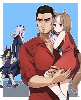 2boys 2girls aged_down crossover fenomeno_(umamusume) gold_ship_(umamusume) highres himo_(user_rzgz5877) jojo_no_kimyou_na_bouken kiryu_kazuma leone_abbacchio mejiro_mcqueen_(umamusume) multiple_boys multiple_crossover multiple_girls picture_frame red_eyes red_shirt ryuu_ga_gotoku_(series) shirt umamusume vento_aureo
