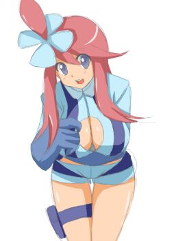 1girl blue_eyes breasts cleavage_cutout clothing_cutout crop_top dark-skinned_female dark_skin gloves large_breasts long_hair long_sleeves nintendo pokemon pokemon_bw red_hair short_shorts shorts skyla_(pokemon) suspenders teeth thigh_strap upper_teeth_only white_background zefyu