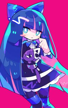 Rule 34 | 1girl, :<, blue eyes, blue hair, blush stickers, bow, bright pupils, colored inner hair, commentary request, cowboy shot, dress, gothic lolita, hair bow, highres, honekoneko (psg), lolita fashion, long hair, looking at viewer, multicolored hair, panty &amp; stocking with garterbelt, pink background, pink hair, simple background, solo, stocking (psg), striped clothes, striped thighhighs, stuffed animal, stuffed cat, stuffed toy, sushiuma m, thighhighs, white pupils