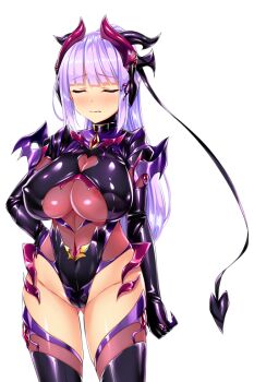 1girl areola_slip blush bodysuit breasts closed_eyes clothing_cutout collar corruption covered_erect_nipples covered_navel dark_persona demon_girl demon_horns demon_tail elbow_gloves game_cg gloves gluteal_fold hand_on_own_hip highleg highleg_leotard horns huge_breasts kisaragi_nozomi large_variant_set leotard long_hair non-web_source official_art ponytail purple_hair satou_kuuki see-through_clothes shadow_venus shinsou_seiki_elementia shiny_clothes shiny_skin skin_tight solo standing tail thighhighs transparent_background variant_set