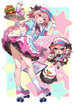 1boy alternate_costume animal-themed_food astolfo_(fate) bandaid bandaid_on_leg black_bow black_bowtie blush bow bowtie braid burger chibi chibi_inset commentary_request crossdressing crossdressing_(mtf) cup cupcake dress drink drinking_glass fang fate/apocrypha fate_(series) food frilled_dress frills full_body gradient_shadow hair_bow hair_intakes heart highres hippogriff_(fate) kan'yu_(citron_82) long_hair maid_headdress male_focus menu_board multicolored_hair open_mouth panties panty_peek pink_hair pixel_heart plaid_clothes plaid_dress purple_eyes roller_skates shoes single_braid skates skin_fang smile sneakers spoken_heart streaked_hair trap two-tone_hair underwear v very_long_hair visor_cap white_hair white_panties white_wrist_cuffs wrist_cuffs