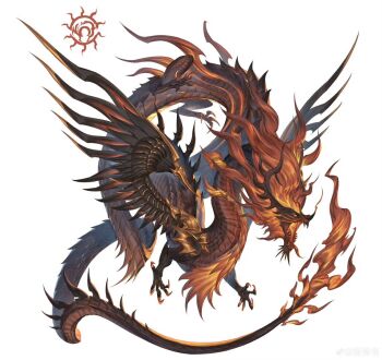 Rule 34 | animal focus, claws, dragon, eastern dragon, fiery hair, fiery tail, fire, flame-tipped tail, full body, horns, leviair, mane, monster, no humans, open mouth, original, sharp teeth, simple background, solo, tail, teeth, tongue, tongue out, white background, wings