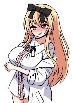 1girl :d arifureta_shokugyou_de_sekai_saikyou arm_under_breasts back_ribbon bare_legs black_ribbon blonde_hair blush breast_expansion breasts collarbone collared_shirt colored_skin commentary covered_erect_nipples cowboy_shot english_commentary frilled_shirt_collar frills hair_ribbon hand_on_own_chest huge_breasts ink_(inksgirls) jacket long_hair long_sidelocks long_sleeves looking_at_viewer multicolored_skin neck_ribbon off_shoulder open_clothes open_jacket open_mouth pink_shirt raised_eyebrows red_eyes ribbon shirt shrinking sidelocks simple_background size_difference sleeves_rolled_up smile solo straight_hair two-tone_skin white_background white_jacket white_shirt yue_(arifureta)