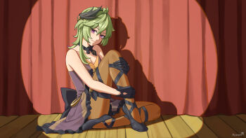 1girl absurdres afureru_colors back_bow ballerina ballet_slippers bare_arms bare_shoulders black_bow black_choker black_gloves black_slippers bow breasts brown_dress brown_pantyhose choker cleavage closed_mouth collei_(dodo_pizza)_(genshin_impact) collei_(genshin_impact) commission commissioner_upload curtains dress expressionless feather_hair_ornament feathers frilled_dress frills genshin_impact gloves green_hair hair_ornament hands_on_own_leg highres knee_up leg_wrap looking_at_viewer md5_mismatch on_floor pantyhose purple_eyes ribbon_choker shadow signature sitting slippers small_breasts solo spotlight stage_curtains wooden_floor