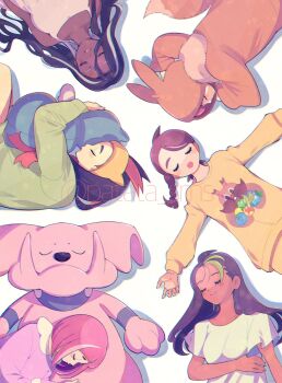 Rule 34 | 6+girls, amarys (pokemon), berry (pokemon), black hair, bluk berry, braid, brown hair, carmine (pokemon), character doll, cosplay, dark-skinned female, dark skin, doll, dress, dunsparce, eevee, eevee (cosplay), gen 1 pokemon, gen 2 pokemon, gen 8 pokemon, granbull, greedent, green hair, green sweater, grepa berry, grey hair, hairband, highres, holding, holding stuffed toy, hood, hood up, hugging doll, hugging object, juliana (pokemon), lacey (pokemon), leppa berry, long hair, long sleeves, mole, mole under eye, multicolored hair, multiple girls, nemona (pokemon), nintendo, oran berry, patata sms, penny (pokemon), pink hair, pokemon, pokemon (creature), pokemon sv, purple sweater, rawst berry, red hair, shirt, short hair, sleeping, stuffed toy, sweater, twitter username, two-tone hair, white dress, white shirt, yellow hairband, yellow sweater