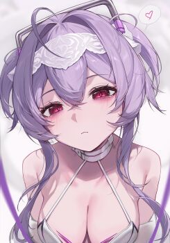 1girl absurdres breasts choker cleavage goddess_of_victory:_nikke hairband heart highres large_breasts leotard liberalio_(nikke) looking_at_viewer purple_hair red_eyes short_hair_with_long_locks speech_bubble upper_body whispering_for_nothing white_hairband white_sleeves