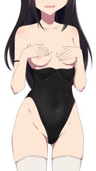 1girl areola_slip arm_strap bare_shoulders black_hair black_leotard breasts collarbone coro_fae covered_navel covering_breasts covering_privates groin hair_down hands_up head_out_of_frame highleg highleg_leotard kaguya-sama_wa_kokurasetai_~tensai-tachi_no_renai_zunousen~ leotard leotard_pull long_hair open_mouth shinomiya_kaguya simple_background small_breasts solo thighhighs white_background white_thighhighs