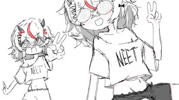 1girl @_@ bare_shoulders blush chickenrex collarbone crop_top fang glasses horns loli looking_at_viewer midriff monochrome multicolored_hair multiple_views navel neet off-shoulder_shirt off_shoulder open_mouth phase_connect red_hair remilia_nephys shirt solo streaked_hair v virtual_youtuber white_background white_hair