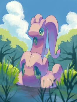 blue_sky closed_mouth colored_skin dragon gen_6_pokemon goodra green_eyes highres nintendo no_humans outdoors p9kfxaofqi54546 pokemon pokemon_(creature) pokemon_focus pond purple_skin sky slime_(substance) smile solo tail tree water