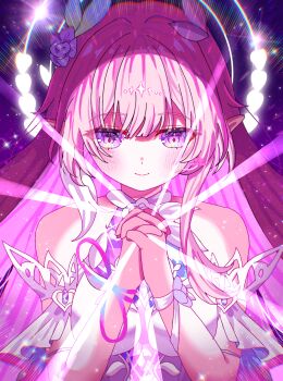 1girl armlet bare_shoulders breasts chromatic_aberration closed_mouth commentary cyrene_(demiurge)_(honkai:_star_rail) cyrene_(honkai:_star_rail) flower hair_flower hair_ornament halo halo_behind_head highres hitsuki_(ruon) honkai:_star_rail honkai_(series) jewelry large_breasts long_hair own_hands_clasped own_hands_together pink_hair purple_eyes purple_flower purple_rose rose smile solo upper_body