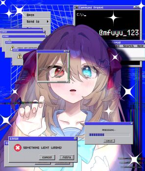 1girl aqua_bow aqua_bowtie blue_eyes blue_sailor_collar bow bowtie brown_hair cardigan commentary evil_neuro-sama hair_between_eyes hair_ribbon highres long_hair long_sleeves mfuyu_123 microsoft_windows neuro-sama open_mouth red_eyes red_ribbon ribbon sailor_collar symbol-only_commentary two_side_up upper_body vedal_ai virtual_youtuber yellow_cardigan