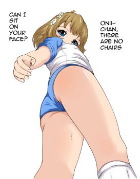 1girl ass blue_eyes brown_hair buruma english_text from_behind from_below idolmaster idolmaster_million_live! looking_at_viewer looking_back mrhunking panties panties_under_buruma perspective short_hair simple_background socks solo standing suou_momoko underwear white_background