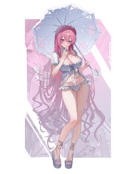 1girl absurdly_long_hair absurdres andamiro angel_wings bare_legs bikini bikini_bottom_only blush breasts commentary contrapposto detached_collar dorothy_(nikke) dorothy_(serendipity)_(nikke) double-parted_bangs finger_to_mouth frilled_bikini frilled_footwear frilled_shirt_collar frilled_sleeves frills full_body goddess_of_victory:_nikke grin groin hair_bun hair_flowing_over hands_up heel_up highleg highleg_bikini highres holding holding_umbrella huge_breasts inflatable_wings legs long_hair looking_at_viewer low_wings navel parasol pink_hair purple_eyes sandals shiny_skin short_sleeves shushing side_up_bun single_side_bun smile solo square_neckline standing stomach swimsuit toes umbrella very_long_hair white_background white_bikini white_sandals white_umbrella white_wings wings zoom_layer