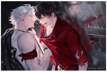 2boys aohitsugi_samatoki armband black_background black_hair black_jacket black_shirt blood blood_drip blood_on_face border closed_eyes clothes_grab dated ear_piercing eyelashes face-to-face from_side grin hand_on_another&#039;s_neck highres hypnosis_mic injury jacket jacket_on_shoulders jewelry kabedon kami_off_record leather leather_jacket long_sleeves looking_at_another male_focus mirror mole mole_under_eye multiple_boys necklace open_clothes open_jacket open_mouth pectoral_cleavage pectorals piercing red_armband red_eyes red_jacket sharp_teeth shirt shirt_grab short_hair sleeveless sleeveless_shirt three-quarter_sleeves smile sweat teeth timestamp torn_clothes torn_jacket torn_sleeves upper_body white_border white_hair white_shirt yamada_ichiro yaoi zipper
