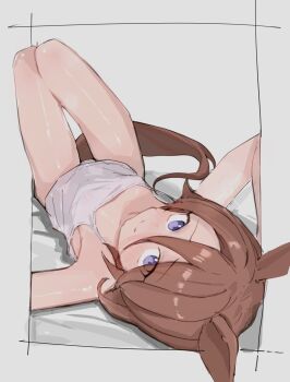 1girl animal_ears arm_up arsyky14 blue_eyes breasts brown_hair camisole closed_mouth hair_between_eyes head_tilt highres horse_ears horse_girl knees_up long_bangs looking_at_viewer lying narita_taishin_(umamusume) on_back short_hair small_breasts smile solo umamusume white_background white_camisole