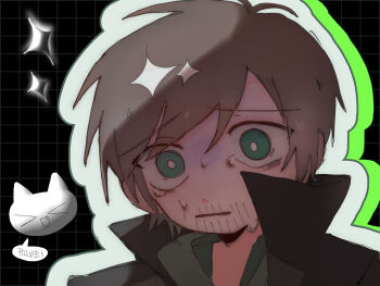 1boy animification antenna_hair beard_stubble black_background black_coat bright_pupils brown_hair cat coat commentary edd_(eddsworld) eddsworld facial_hair future_edd_(eddsworld) green_eyes green_hoodie grid_background high_collar highres hood hood_down hoodie male_focus mature_male open_clothes open_mouth outline portrait short_hair simple_background sn_se_u_uwu solo sparkle stubble sweat translation_request white_outline white_pupils