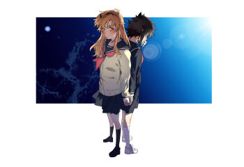 2girls absurdres black_hair black_skirt blonde_hair blue_background blush chinese_commentary commentary glasses hairband highres holding_hands jiguang_haibao kneehighs koishikawa_iko long_hair long_sleeves momijiyama_teru multiple_girls neckerchief pleated_skirt sailor_collar scar scar_on_face school_uniform serafuku shirt shoes short_hair shy_(series) skirt smile socks standing white_background