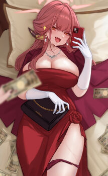 1girl 1other @_@ absurdres aru_(blue_archive) aru_(dress)_(blue_archive) banknote blue_archive blurry blurry_foreground blush breasts cellphone cleavage commentary demon_horns depth_of_field dress earrings fang glint gloves halo highres holding holding_money holding_phone horns jacket jewelry kiyoi_(qingyisama) large_breasts lying money necklace official_alternate_costume on_back phone pov pov_hands red_dress red_jacket skin_fang smile sparkle strapless strapless_dress sweatdrop white_gloves