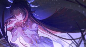 1girl black_hair blunt_bangs blunt_ends closed_eyes colored_inner_hair columbina_(genshin_impact) dfish2_0 dress genshin_impact head_wings highres long_hair multicolored_hair own_hands_clasped own_hands_together red_hair sidelocks solo two-tone_hair white_dress white_wings wings