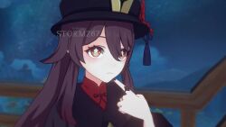 1girl 3d 60fps :d ^_^ absurdres animated artist_name audible_music audible_speech black_headwear black_nails black_shorts blender_(medium) brianna_knickerbocker_(voice_actor) brown_hair chinese_clothes clenched_hands closed_eyes coupon english_audio eyebrows_hidden_by_hair female_focus flower flower-shaped_pupils genshin_impact hair_between_eyes hat hat_flower hat_tassel highres holding_hands hu_tao_(genshin_impact) jewelry kiss long_hair long_sleeves looking_at_viewer music night night_sky open_mouth outdoors own_hands_together petals plum_blossoms porkpie_hat pov railing red_eyes ring shorts sky smile solo_focus sound star_(sky) starry_sky stormz67 symbol-shaped_pupils tailcoat twintails upper_body very_long_hair video watermark youtube_username