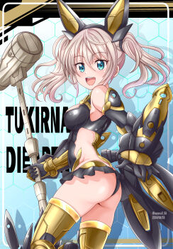 1girl 30_minutes_sisters ass blue_background breasts character_name gauntlets hanzou highres looking_back mallet mecha_musume medium_breasts rabbit_ears smile tight_clothes timestamp tukirna-diearth twintails