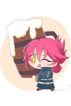 Rule 34 | 1girl, alcohol, azumishard, beer, beer mug, chibi, coat, commentary, cup, double-parted bangs, eiyuu densetsu, hair between eyes, hair bun, highres, holding, holding cup, looking at viewer, mug, pink hair, sara valestein, sen no kiseki (series), sen no kiseki i, short hair, simple background, smile, solo, symbol-only commentary, tongue, tongue out, two-tone background, white background, yellow background, yellow eyes