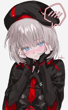 1girl aogisa averting_eyes beret black_cape black_hat black_shirt blue_eyes blush cape commentary_request embarrassed facing_viewer fingerless_gloves gloves goddess_of_victory:_nikke grey_hair hands_on_own_cheeks hands_on_own_face hat highres long_sleeves necktie red_necktie shirt short_hair solo spoken_blush upper_body vesti_(nikke) white_background