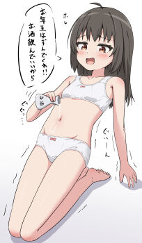 1girl barefoot black_hair blush bow bow_bra bow_panties bra breasts brown_eyes commentary_request highres loli long_hair navel open_mouth original panties pouring pouring_onto_self simple_background small_breasts solo speech_bubble takasuma_hiro toes translation_request trembling underwear underwear_only white_background white_bra white_panties