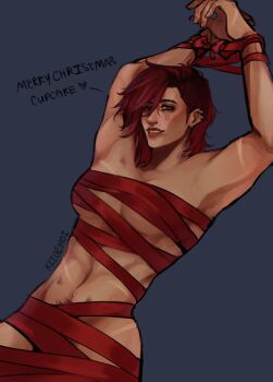 arcane:_league_of_legends arcane_vi asymmetrical_hair bandages blue_background blue_eyes bow breasts covered_erect_nipples ear_piercing face_piercing facial_tattoo heart highres keidehoi league_of_legends muscular muscular_female nose_piercing piercing red_bow red_hair short_hair sidecut simple_background smile tattoo twitter_username undercut upper_body vi_(league_of_legends)